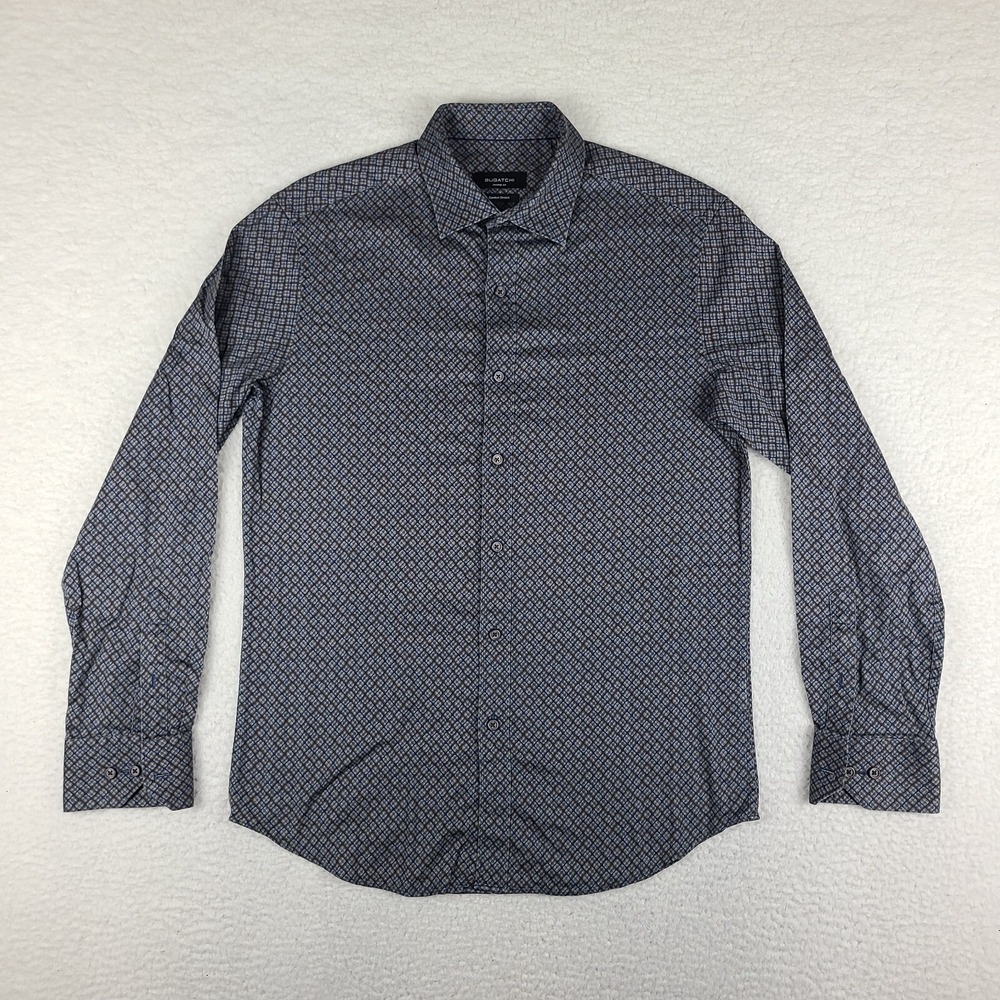 BUGATCHI Shirt Mens Medium Blue Brown Shaped Fit Comfort Stretch Dress Button Up